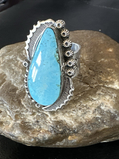 Navajo Sterling Silver Blue Kingman Turquoise Adjustable Ring Sz 7 18772
