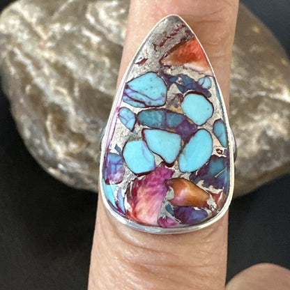 Blue Turquoise Spiny Oyster Navajo Sterling Silver Ring Size 7 18226