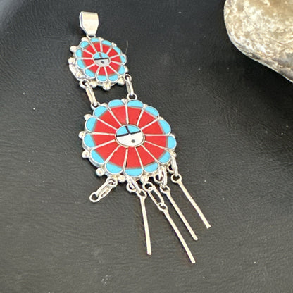 Sunface Zuni Inlay Turquoise Coral MOP Sterling Silver Pendant 3.5" 17771