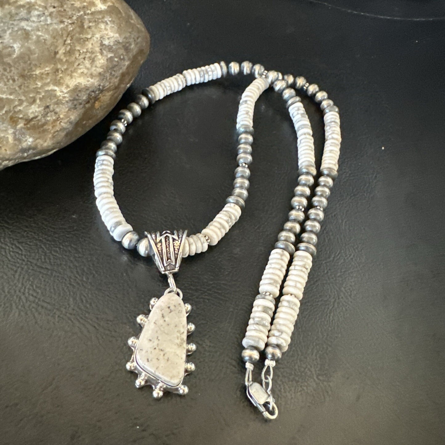 White Buffalo Turquoise Pendant Navajo Pearls Sterling Silver Necklace 22" 18259