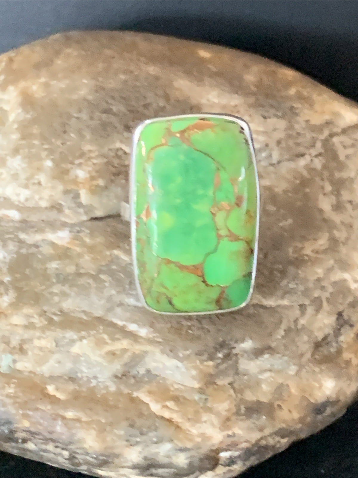 Green Mohave Turquoise Navajo Sterling Silver Ring Size 8.5 Adjustable 11793