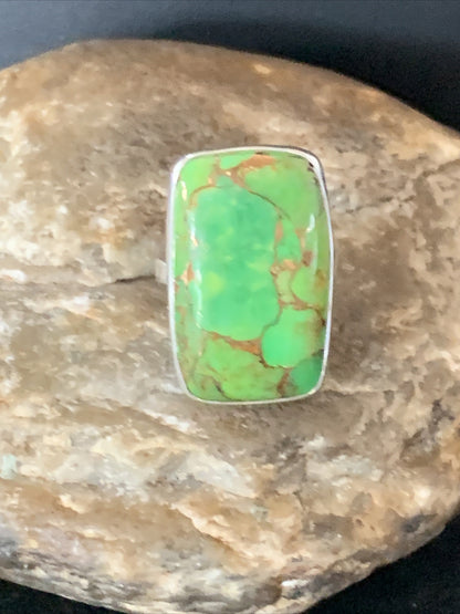 Green Mohave Turquoise Navajo Sterling Silver Ring Size 8.5 Adjustable 11793