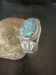 H Joe Blue Spiderweb Turquoise Navajo Cuff Bracelet 8.2" | Sterling Silver | Authentic Native American Handmade | 19424
