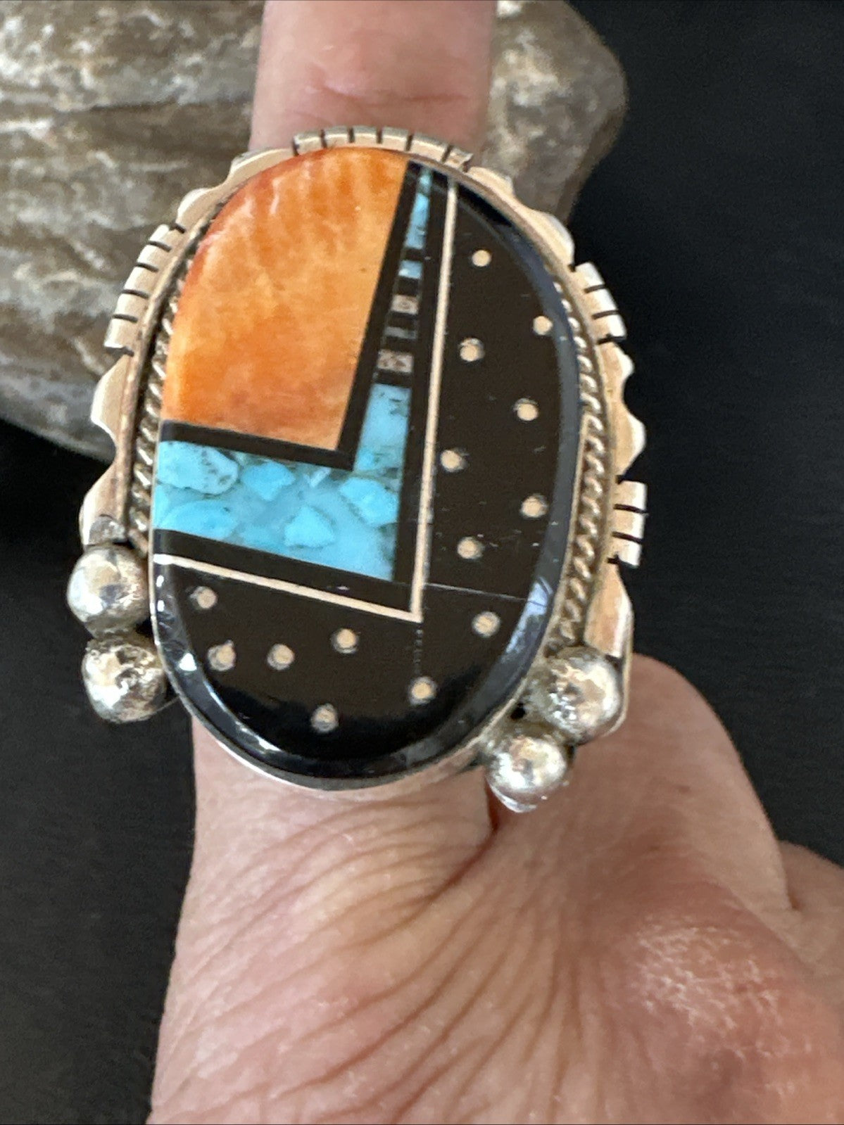 Onyx Turquoise Spiny Navajo Cosmic Inlay Sterling Silver Ring Size 9 19788