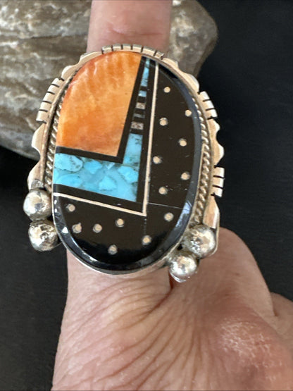 Onyx Turquoise Spiny Navajo Cosmic Inlay Sterling Silver Ring Size 9 19788