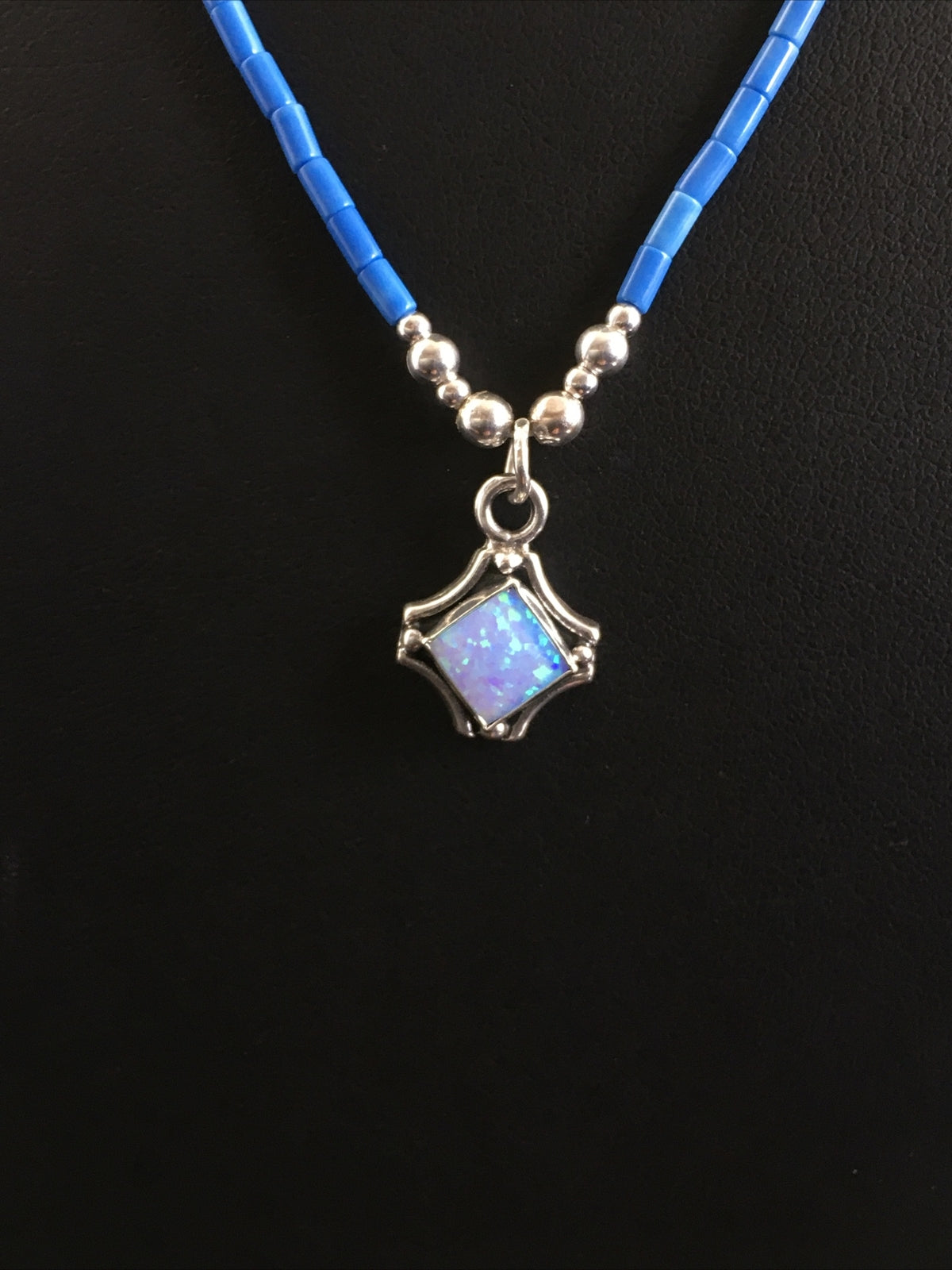 Girls Opal Pendant Lapis Beads Sterling Silver Necklace 15" 10124
