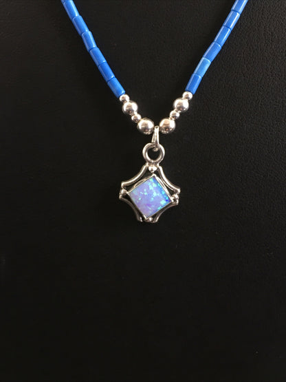 Girls Opal Pendant Lapis Beads Sterling Silver Necklace 15" 10124