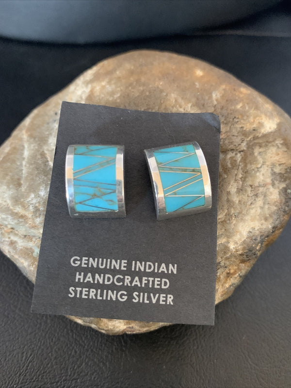 Women's Blue Turquoise Navajo Stud Inlay Earrings | Sterling Silver | Authentic Native American Handmade | 13107
