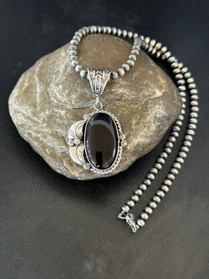 Mens Womens Black Onyx Pendant Navajo Sterling Silver Beads Necklace 18314