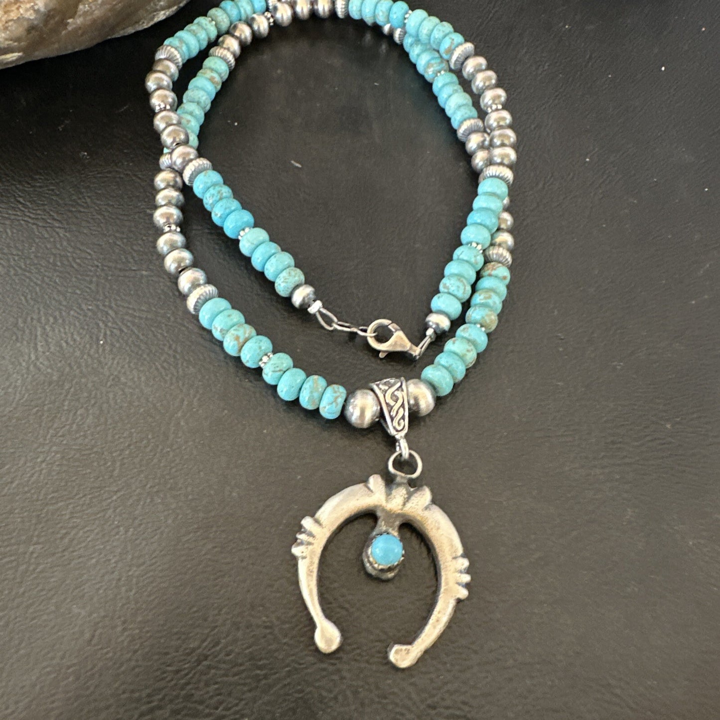 Mens Blue Turquoise Naja Pendant Navajo Sterling Silver Necklace 16643