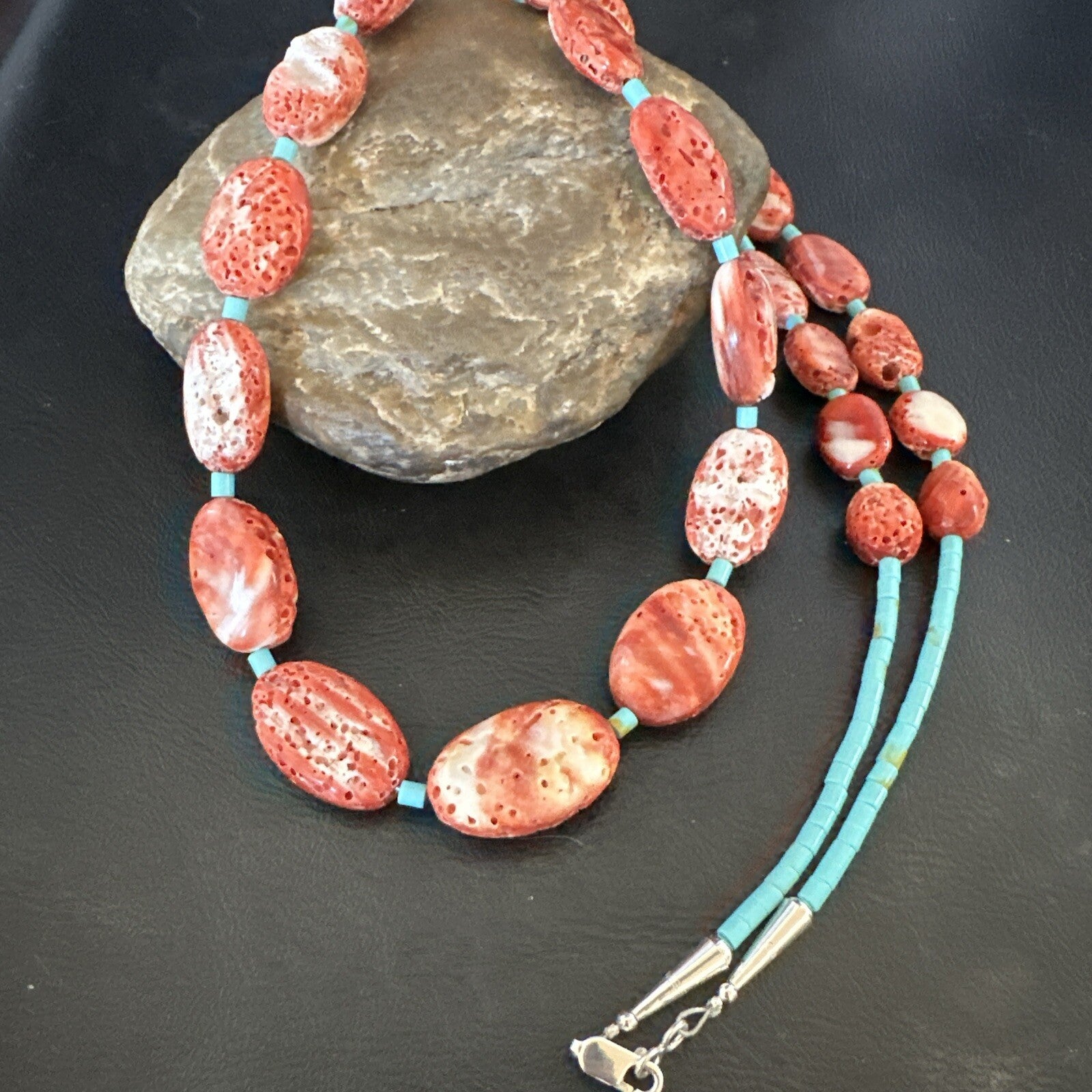 New Red Spiny Oyster Turquoise Heishi Navajo Sterling Silver Necklace 32" 17766