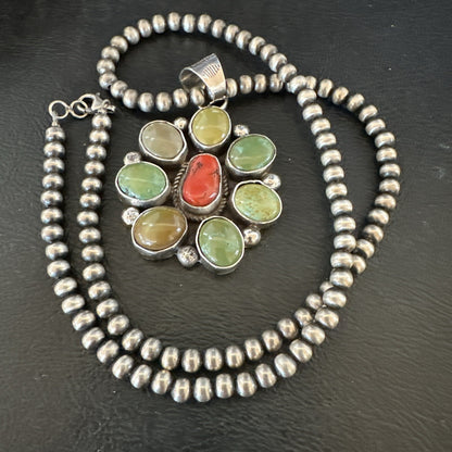 Navajo Sterling Cluster Red Turquoise Pendant Necklace 17712