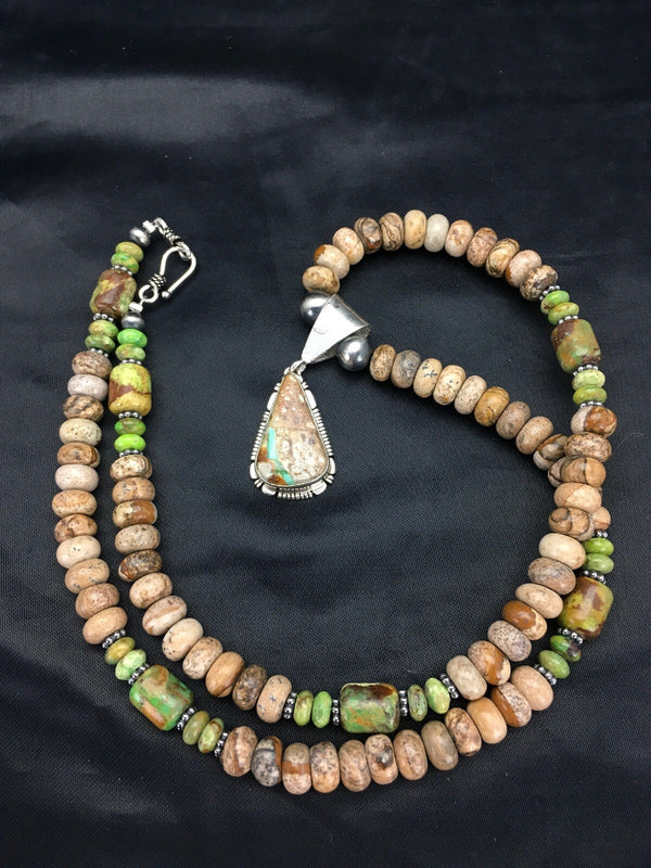 Green Turquoise Navajo Necklace | Sterling Silver | Authentic Native American Handmade | 2612