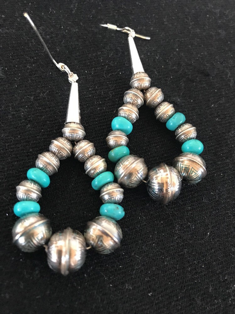 Native Sterling Silver Stamped Turquoise Bead Earrings 10090