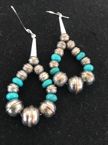 Native Sterling Silver Stamped Turquoise Bead Earrings 10090