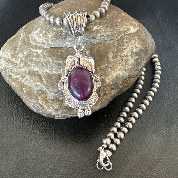 Purple Stone Pendant Navajo Pearls Necklace 20" | Sterling Silver | Authentic Native American Handmade | 18047