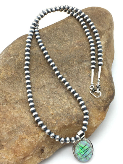 Native Opal Inlay Pendant Navajo Pearls Sterling Silver Necklace 4400