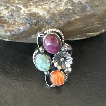Multicolor Ring Turquoise Spiny Navajo Sterling Silver Cluster Size 6.5 19175