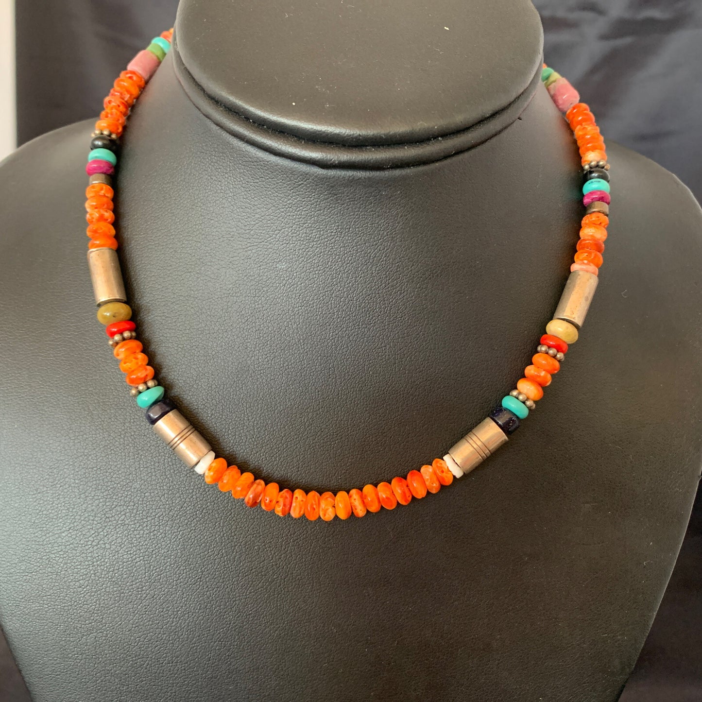 Turquoise Spiny Oyster & Coral Beads Sterling Silver Gold Necklace 10393