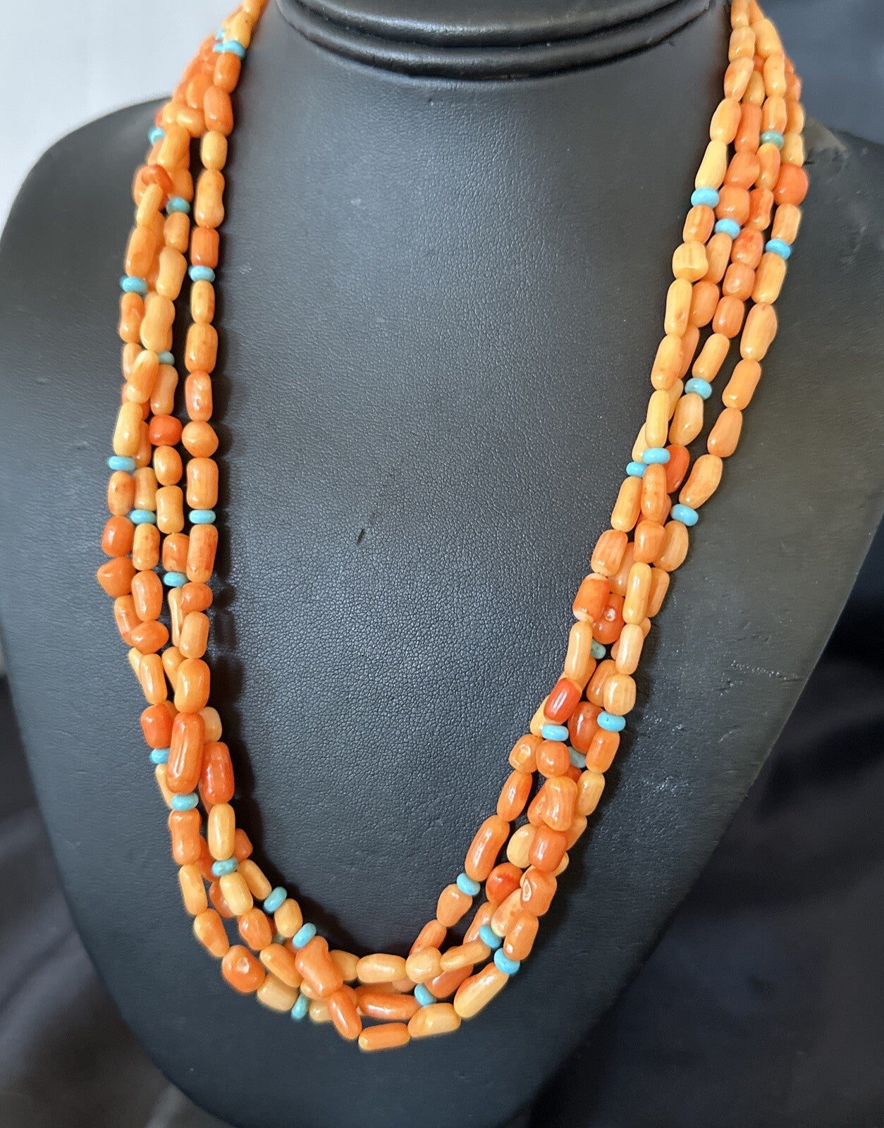 Native Turquoise Orange Coral Sterling Silver 4 Strand Necklace 21" 17820