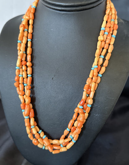 Native Turquoise Orange Coral Sterling Silver 4 Strand Necklace 21" 17820