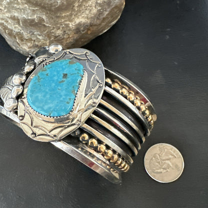 Blue Turquoise Navajo Sterling Silver Cuff Bracelet 12K Gold 19131