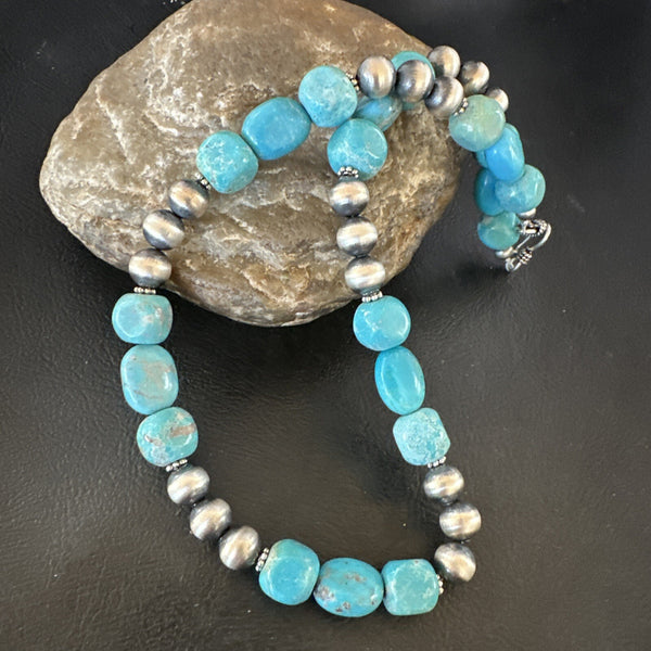 Women's Blue Turquoise Nugget Navajo Pearls Necklace | Sterling Silver | Authentic Native American Handmade | 93416