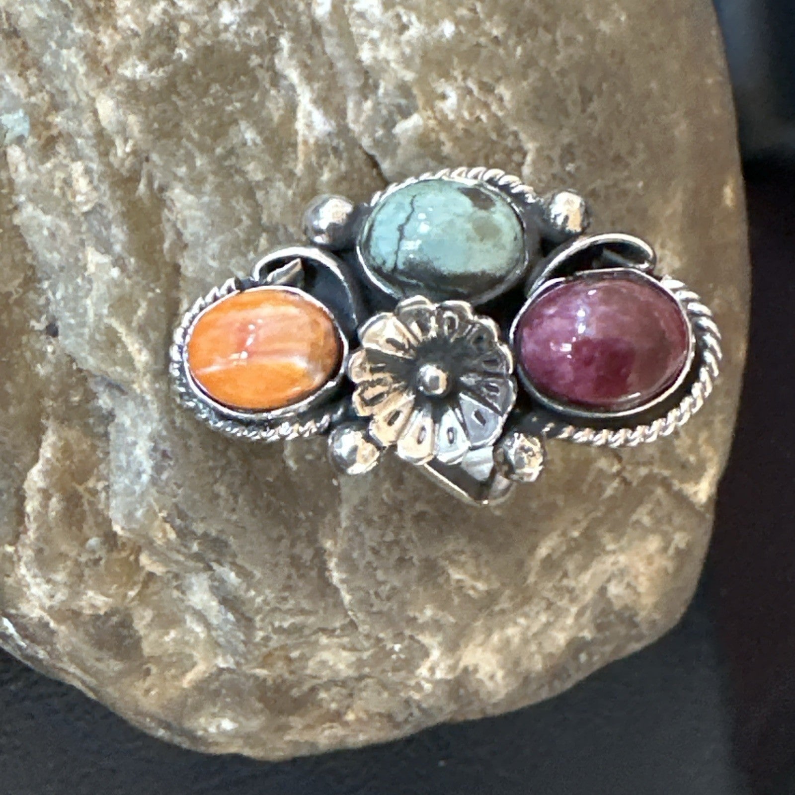 Multicolor Ring Turquoise Spiny Navajo Sterling Silver Cluster Size 8 19171