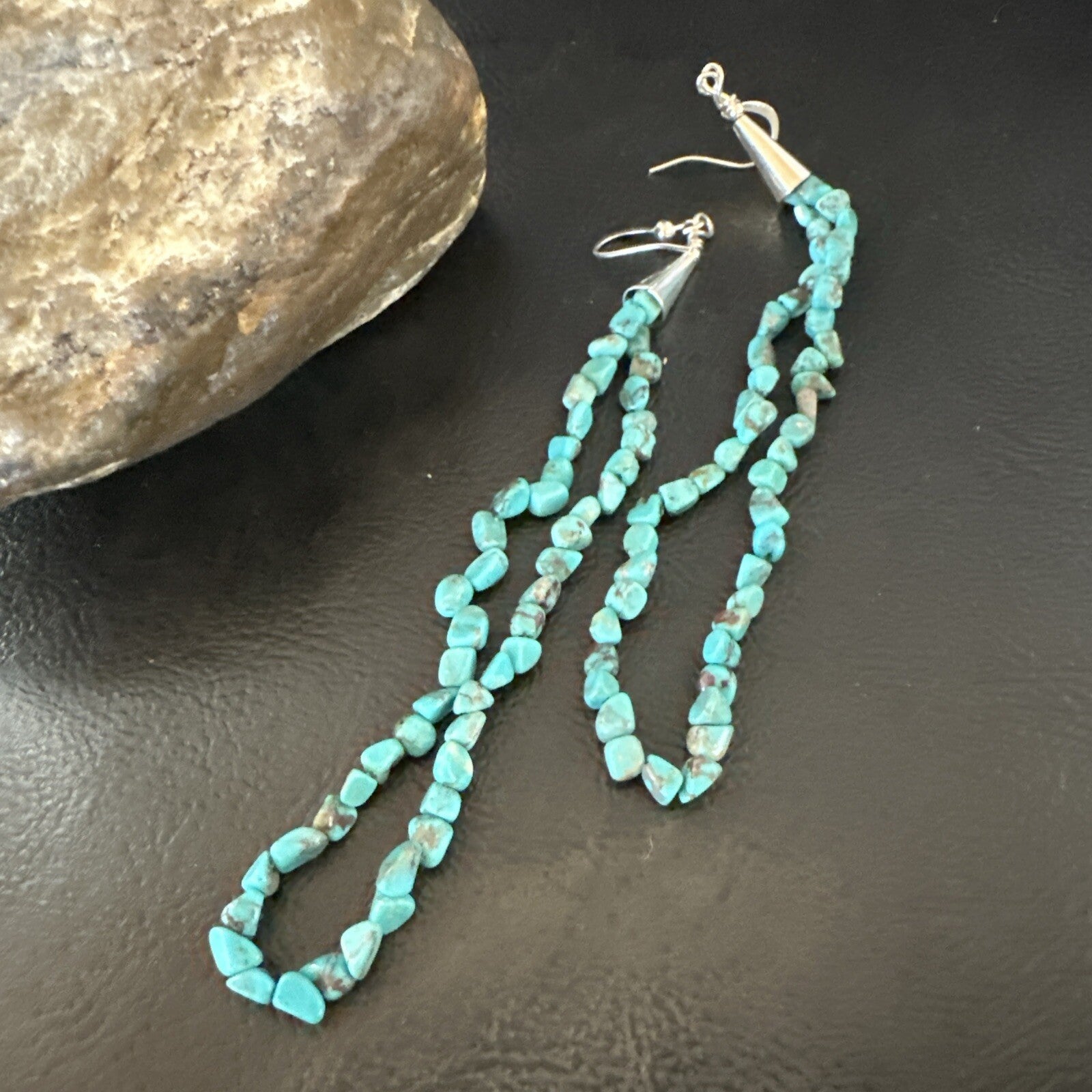 XL Blue Turquoise Nugget Bead Sterling Silver Beads Navajo Earrings 4.5" 18095