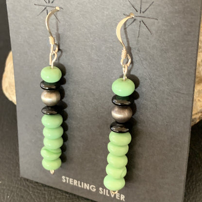 Green Malachite & Black Onyx Navajo Sterling Silver Beads Earrings 04486