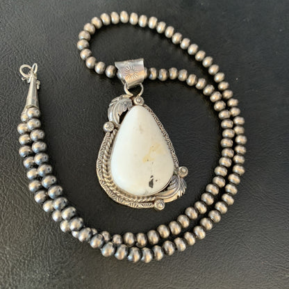 Mens White Buffalo Turquoise Pendant Sterling Silver Beads Necklace 19306
