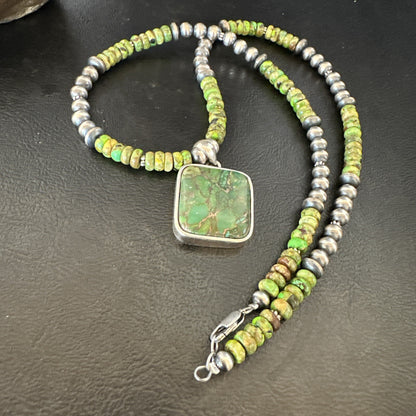 Womens Green Gaspeite Turquoise Pendant Navajo Sterling Silver Necklace 18368
