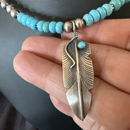Mens Feather Turquoise Pendant Navajo Sterling Silver Necklace 18060