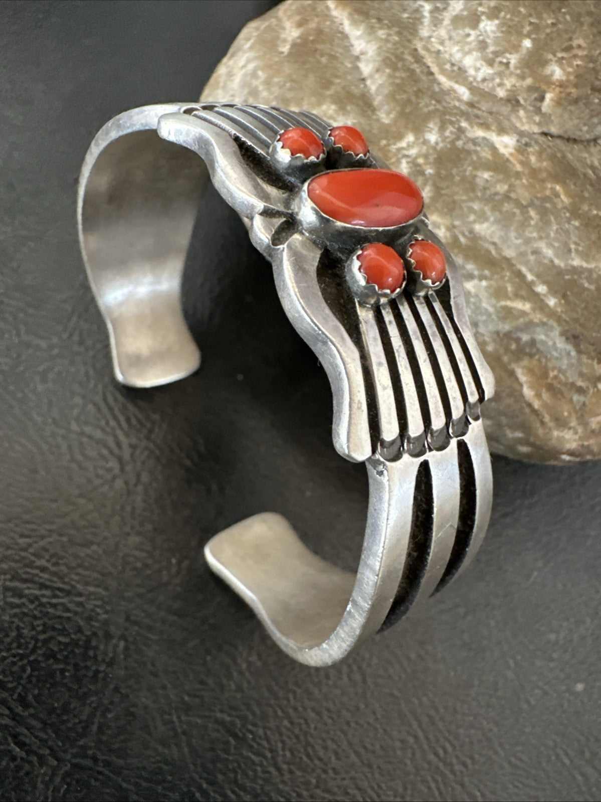Mens Womens Red Coral Navajo Sterling Silver Cluster Cuff Bracelet 7" 19697
