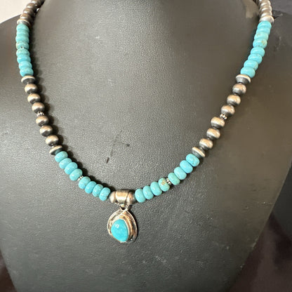 WoMens Blue Kingman Turquoise Pendant Navajo Sterling Silver Necklace 21" 18150