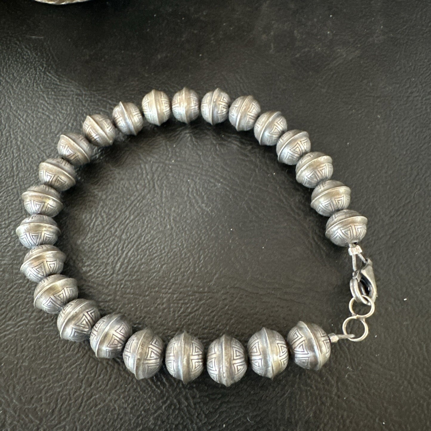 Handmade Stamped Navajo Pearls 8mm Beads 7” Sterling Silver Bracelet