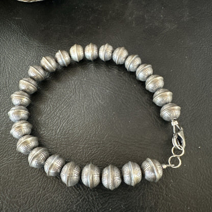 Handmade Stamped Navajo Pearls 8mm Beads 7” Sterling Silver Bracelet