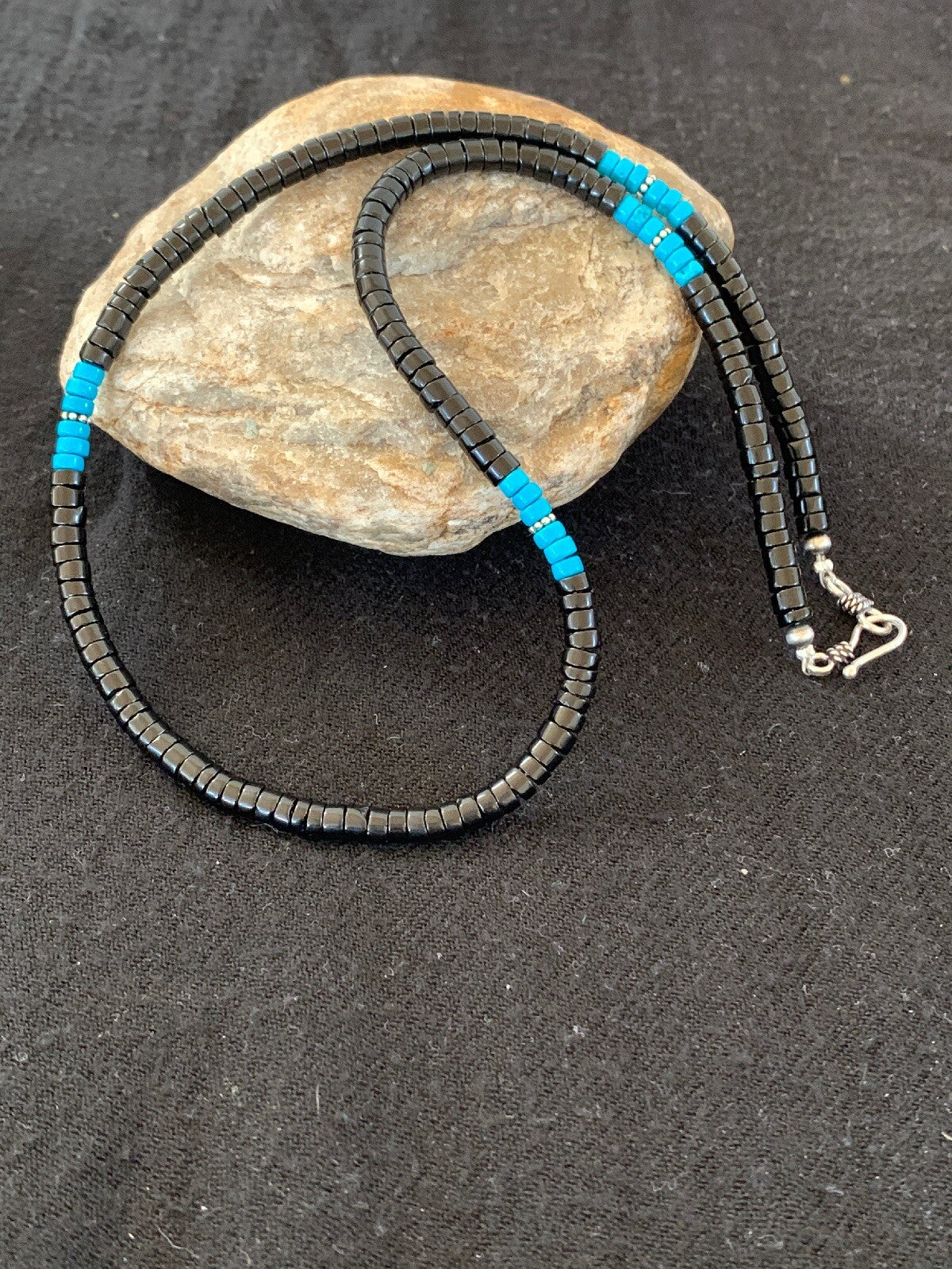 Native Mens Blue Turquoise Heishi Onyx Necklace Navajo Sterling Silver 8823