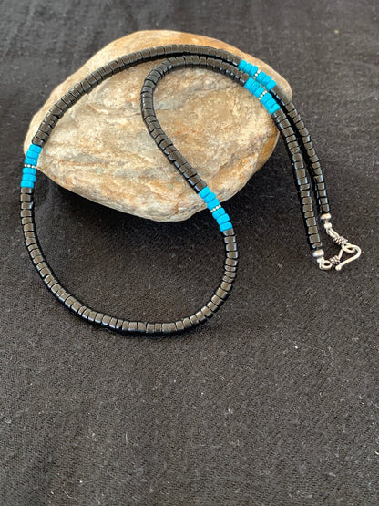 Native Mens Blue Turquoise Heishi Onyx Necklace Navajo Sterling Silver 8823