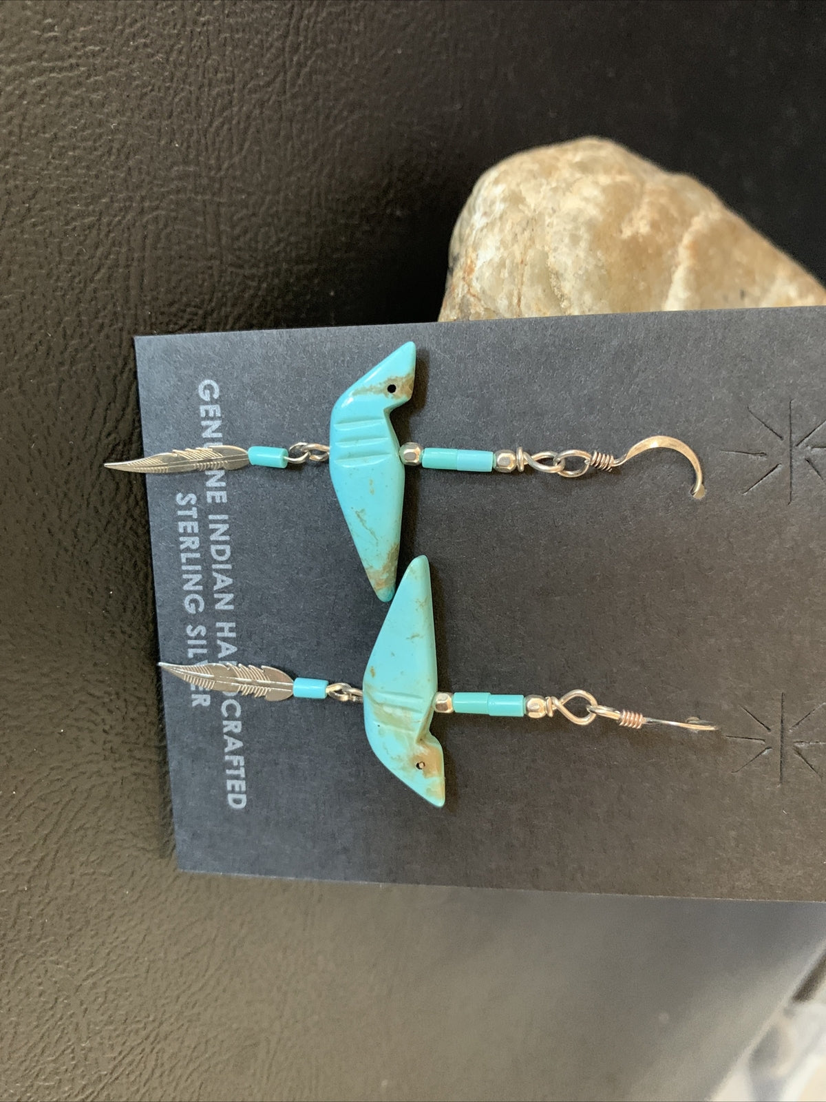 Native American Navajo Blue Turquoise Fetish Sterling Silver Earrings 1.5" 13055