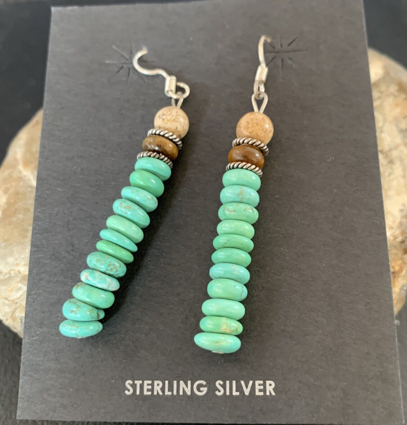 Green Turquoise & Picture Jasper Bead Navajo Sterling Silver Earrings 04080
