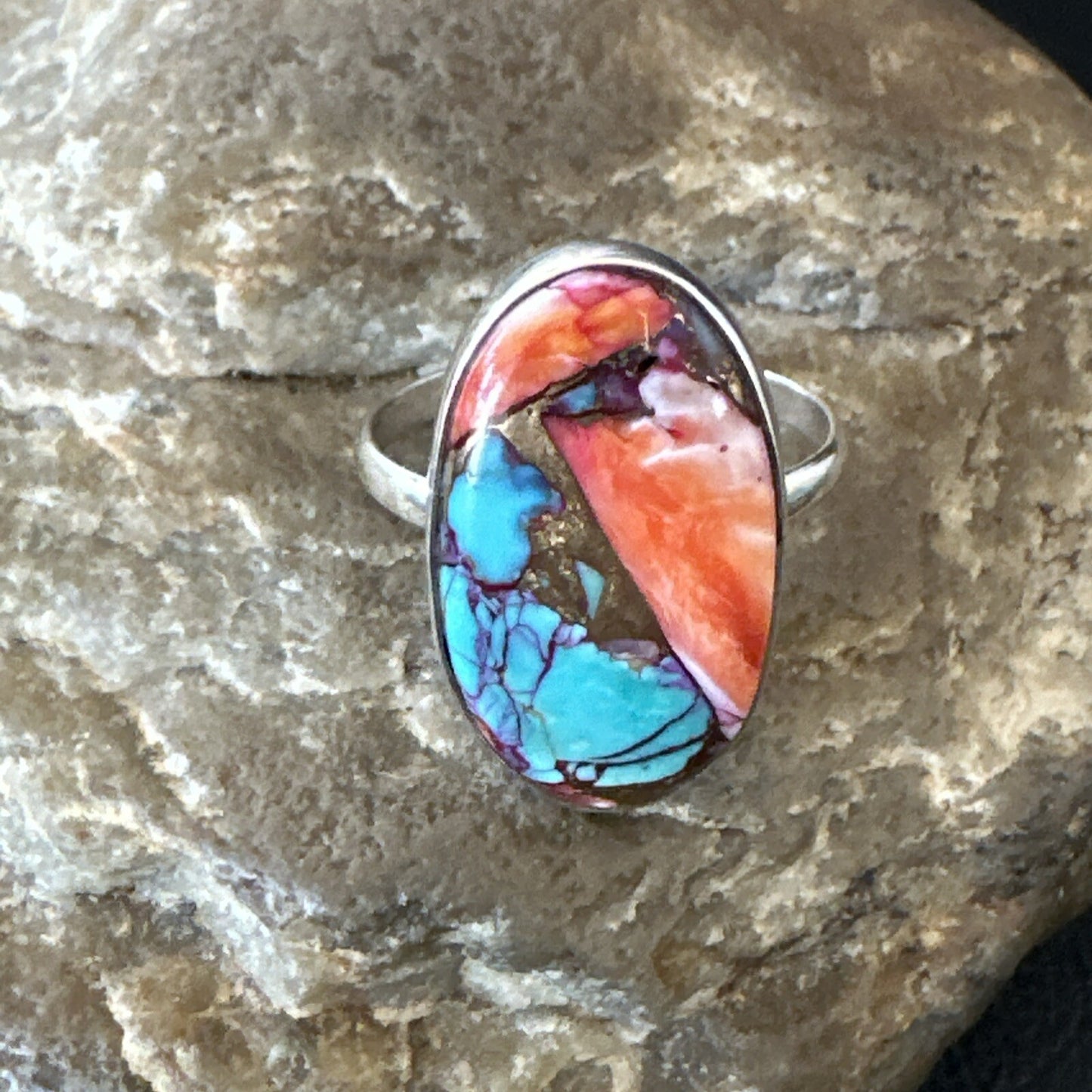 Blue Turquoise Spiny Oyster Southwestern Sterling Silver Ring Size 11 18457