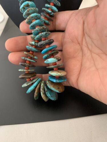 Navajo Natural Blue Turquoise & Spiny Oyster Necklace | | Graduated | 28" | 332