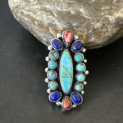 Cluster Blue Turquoise Spiny Oyster Lapis Sterling Silver Ring Size 6.5 18566
