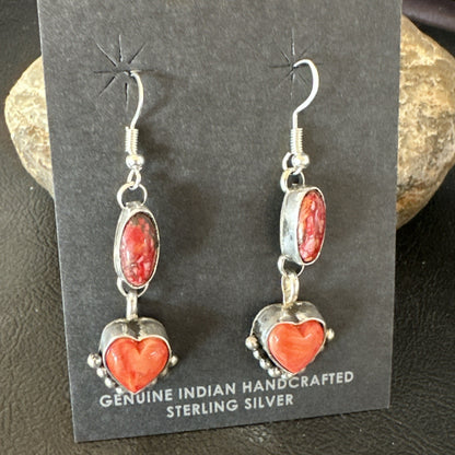Yazzie Red Heart Spiny Oyster Navajo Sterling Silver Dangle Earrings 19797