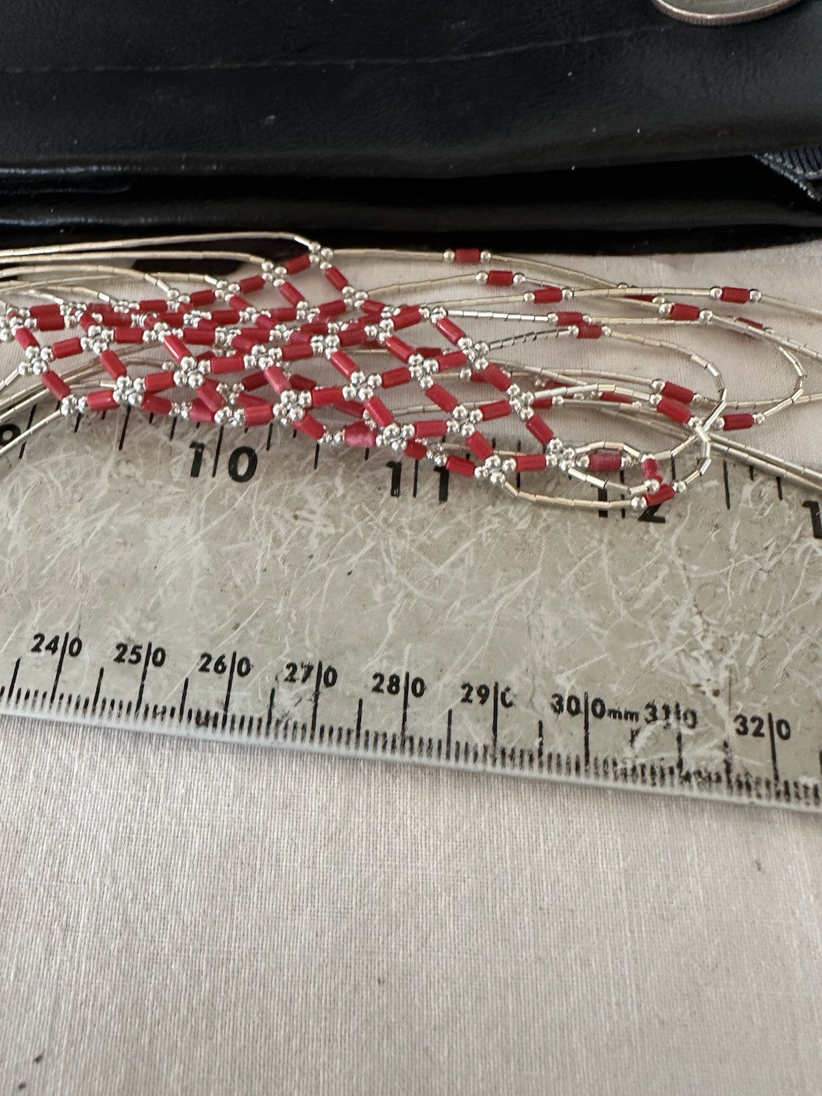 Red Coral Heishi Tubes Pendant 7 Strand Liquid Sterling Silver Necklace 19750