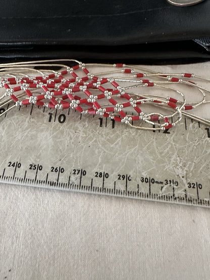 Red Coral Heishi Tubes Pendant 7 Strand Liquid Sterling Silver Necklace 19750