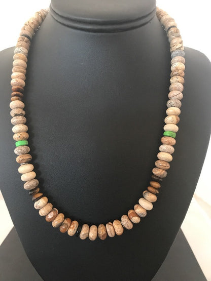 Turquoise Picture Jasper 10 mm Beads Mens Navajo Sterling Silver Necklace 03369