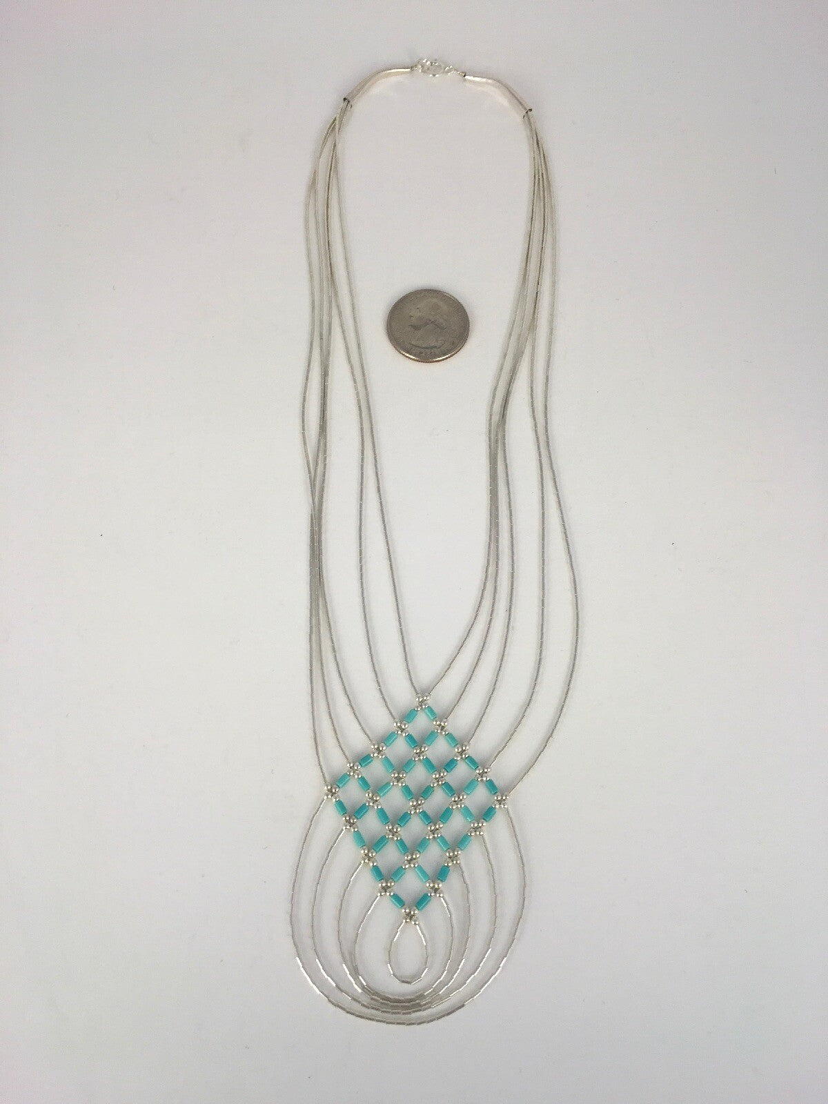 Turquoise Heishi Tubes Pendant 5 Strands Liquid Sterling Silver Necklace 0888