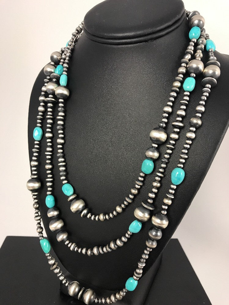 Sterling Silver Navajo Pearls Sleeping Beauty Turquoise Necklace 70" 8051